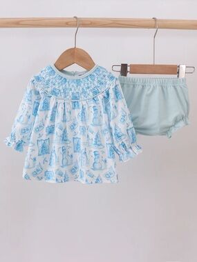 BLUE TOILE SNOWMAN CHRISTMAS SMOCK BLOOMER SET MATCHING SIBLING SZ 18M 2T 3T NWT